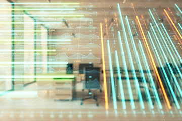 Stock market chart with trading desk bank office interior on background. Double exposure. Concept of financial analysis