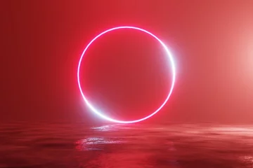 Stof per meter Gloeiende neon rode cirkel, portaal, poort. Fantastische scène. 3D-rendering © photolas