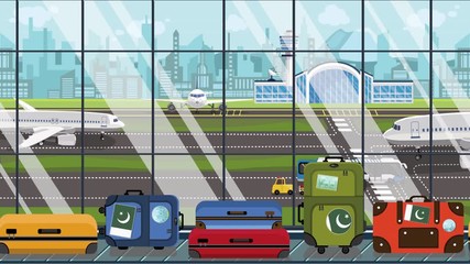 Baggage with Pakistani flag stickers on carousel in airport. Tourism in Pakistan conceptual loopable cartoon animation