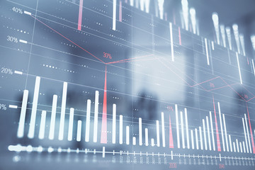 Stock market chart with trading desk bank office interior on background. Double exposure. Concept of financial analysis