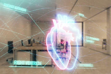 Heart drawing with office interior on background. Double exposure. Concept of medical education