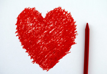 Hand drawing Red heart with vax crayon.