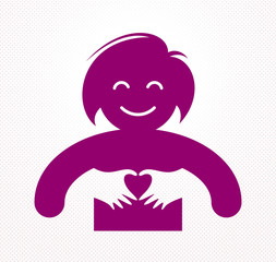 Love arms hugging lover shows heart shape gesture hands, lover woman hugging her mate and shares love, vector icon logo or illustration in simplistic symbolic style.