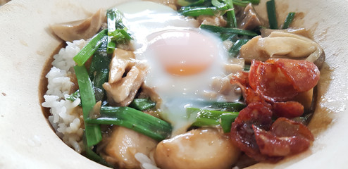 Closed up of baked rice with chinese sausage,