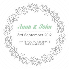 Vector template invitation to wedding celebration. Decoration with circle of flowers. White background.