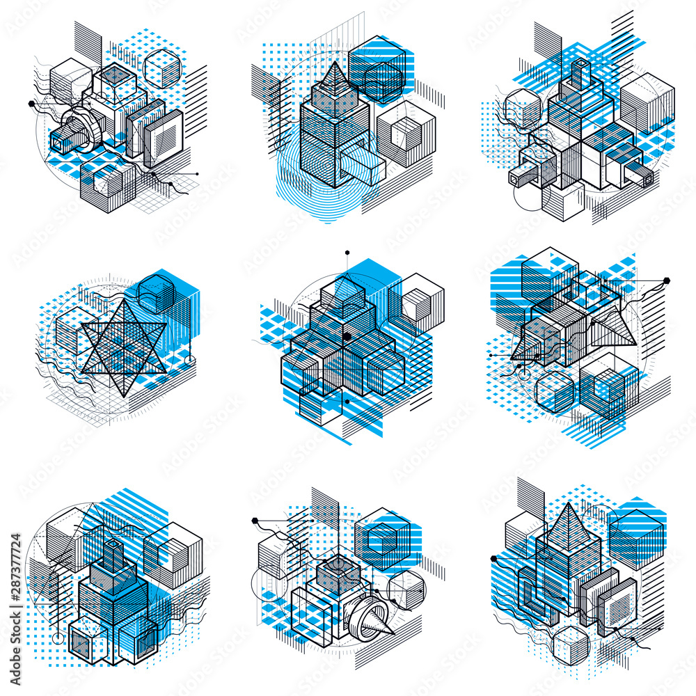 Poster abstract vector backgrounds with isometric lines and shapes. cubes, hexagons, squares, rectangles an