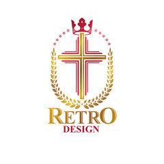 Christian Cross golden emblem created with royal crown and laurel wreath. Heraldic Coat of Arms decorative logo isolated vector illustration. Religion and spirituality theme symbol.
