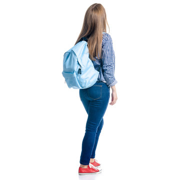 Woman In Casual Clothing Student With Backpack Standing Looking On White Background Isolation