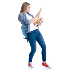 Woman in casual clothing student with backpack, books standing looking smiling on white background isolation