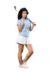 A full-length shot of a Young golfer woman with surprise facial expression over isolated white background