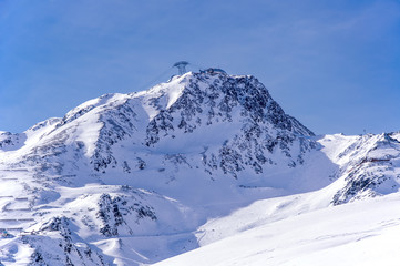 Gaislachkogl summit, Gaislachkoglbahn, ski slopes and pistes in Solden ski resort in Otztal Alps in Tirol, Austria