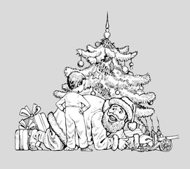 Funny Santa Claus illustration. Santa under the Christmas tree. Christmas Card.
