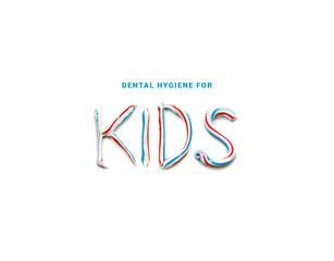 The phrase „dental hygiene for kids“ written with  blue, red and white striped toothpaste, toothpaste letters