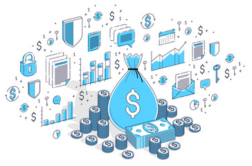 Money bag with cash money dollar stacks and coins piles isolated on white, personal savings concept. Isometric 3d vector finance illustration with icons, stats charts and design elements.