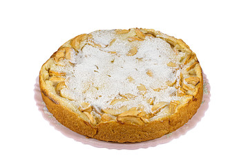 Pie stuffed with apple slices and sour cream isolated on a white background