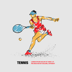 Tennis player with racket. Vector outline of Tennis player with scribble doodles.