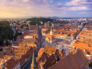 Fototapeta na wymiar The central square of the old town. Brasov. Transylvania, 2019. Aerial view