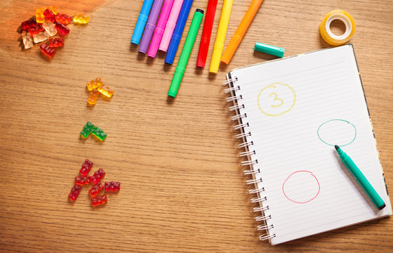 School concept, calculation by gummy bears