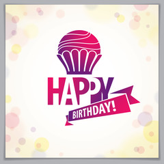 Birthday greeting card vector design. Includes beautiful lettering and cupcake composition placed over blurred circles abstract background. Square shape format with CMYK colors acceptable for print.