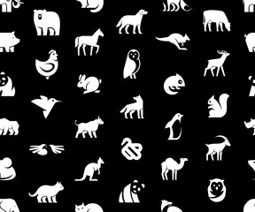 Seamless pattern with Animals logos. Isolated on Black background