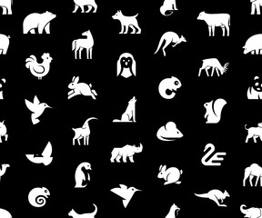 Seamless pattern with Animals logos. Isolated on Black background
