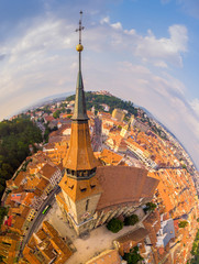 Brasov cityscape with black cathedral and mountain on backround in Romania. Aerial view