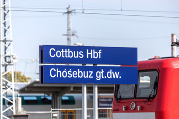 cottbus train station city sign in germany
