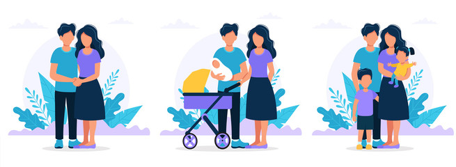 Family in different stages. Young couple, parents with a newborn, parents with children. Family photo. Vector illustration in flat style