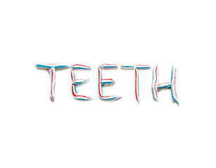The word „teeth“ written with  blue, red and white striped toothpaste, toothpaste letters