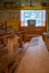 Slates on a Desk in a Traditional School Classroom