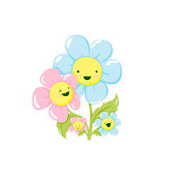 Cartoon daisy family - mother, father, two children - cute smiling characters, vector illustration. Isolated on white, for family day greeting card, poster, banner, floral shop logo, icon