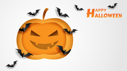 Happy Halloween. Design with pumpkin and bats on white background. paper art style. Vector.