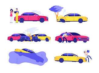 Car insurance accidents. Damaged crash fire flood thief cars accident auto insurance finance security automobile vector infographics. Illustration car accident, insurance service after damage auto
