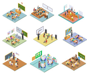 School rooms isometric. Library dining room lecture classroom gym sports hall toilet college university interior furniture 3d vector. Illustration education school room isometric, university interior © MicroOne