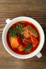 Red ukrainian soup with beef top view