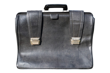 Old black leather briefcase, isolated on a white background with a clipping path.