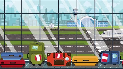 Luggage with Peruvian flag stickers on baggage carousel in airport. Tourism in Peru conceptual loopable cartoon animation