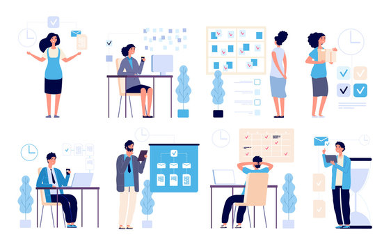 Time management. Business people managed tasks, planning office strategy. Organize success activities, appoint schedule vector set. Project office work, professional planning solution illustration