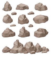 Rock stones. Cartoon stone isometric set. Granite boulders pile, natural building block materials. 3d game art isolated vector. Illustration boulder pile, mountain mineral block - obrazy, fototapety, plakaty