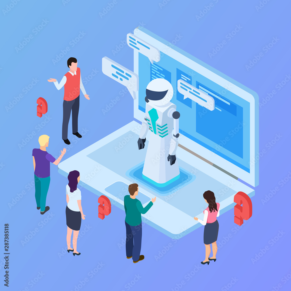 Poster chatbot vector concept. isometric artificial intelligence robot with people. robot intelligence, cha