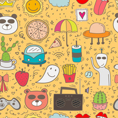 Doodle Cartoon Seamless Pattern Background For Kid. Vector illustration for fabric and gift wrap paper design.
