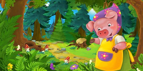Obraz na płótnie Canvas Cartoon fairy tale scene with pig farmer mother on the meadow in the forest - illustration for children