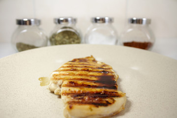chicken steak on a plate with spices