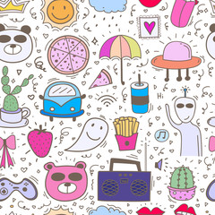 Doodle Cartoon Seamless Pattern Background For Kid. Vector illustration for fabric and gift wrap paper design.