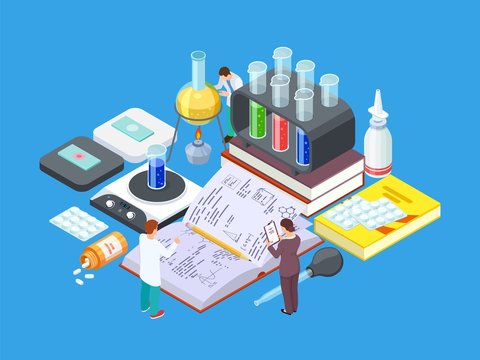 Isometric Science Lab. Vector Medical Research Concept. Pharmaceutical Industry, Drug Development. Illustration Pharmaceutical Chemistry, Isometric Medical Research