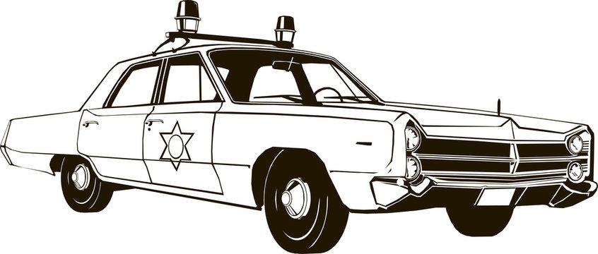 vintage police car, vector drawing, graphic, isolated, monogram, symbol, logo
