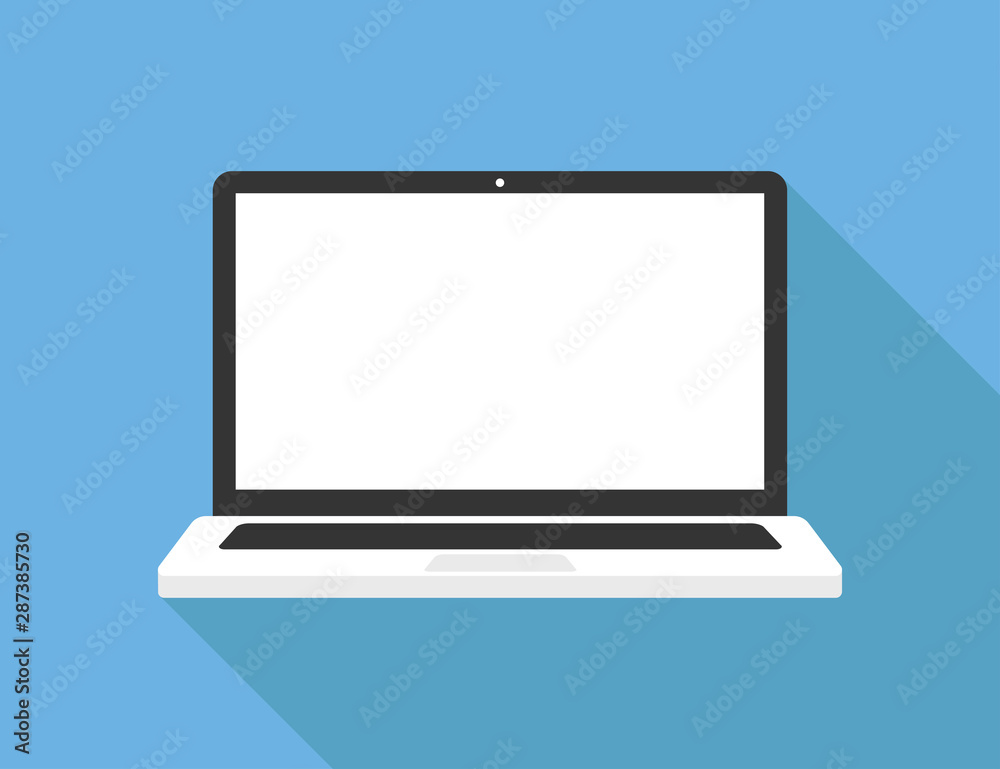 Poster laptop in trendy flat style with ewhite mpty screen. mock up template. notebook with blank display. 