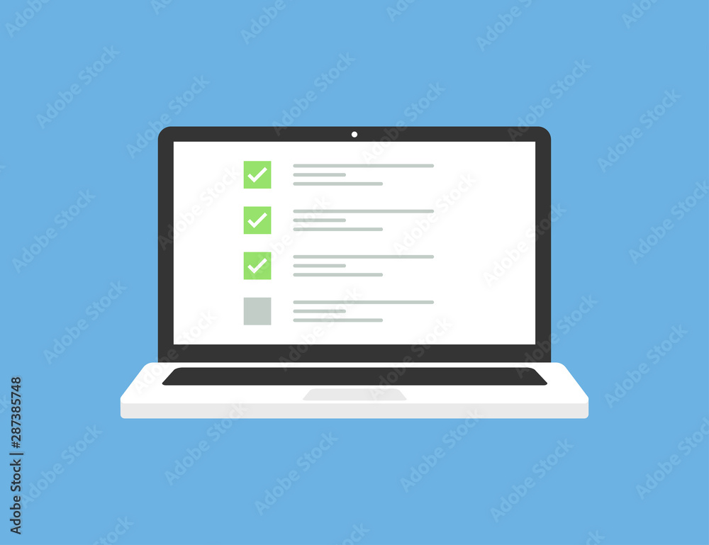 Aufkleber laptop in trendy flat style with checklist on screen. exam form. questionnaire form test checklist s
