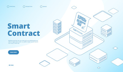 Smart contract concept. Ethereum cryptography technology. Contractor agreement with digital signature vector isometric landing page. Illustration crypto smart contract, transaction blockchain