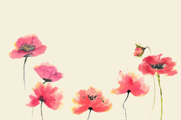 Watercolor poppy flower set on pastel background with copy space for text design